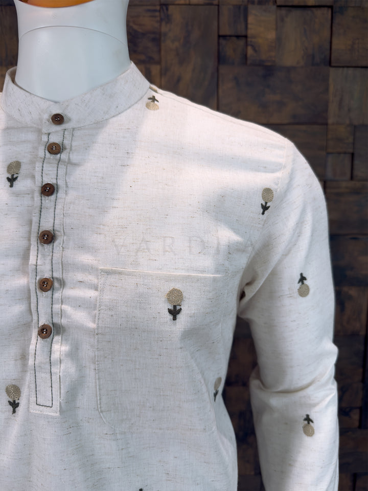 Off-White Cotton Short Kurta with Minimalist Floral Embroidery