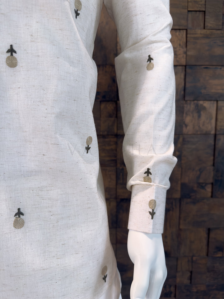 Off-White Cotton Short Kurta with Minimalist Floral Embroidery