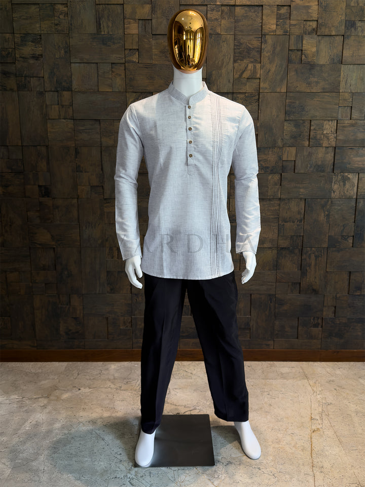Steel Grey Cotton Short Kurta with Structured Pintuck Yoke