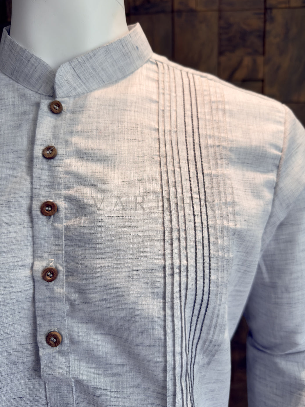 Steel Grey Cotton Short Kurta with Structured Pintuck Yoke