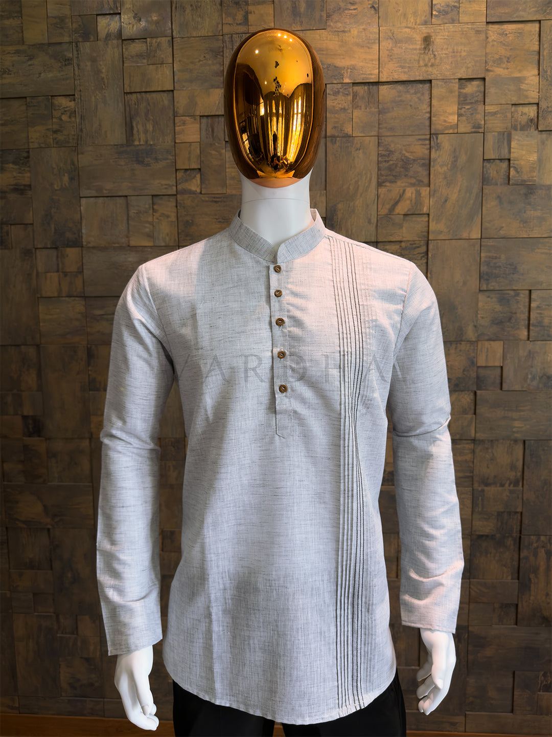 Steel Grey Cotton Short Kurta with Structured Pintuck Yoke