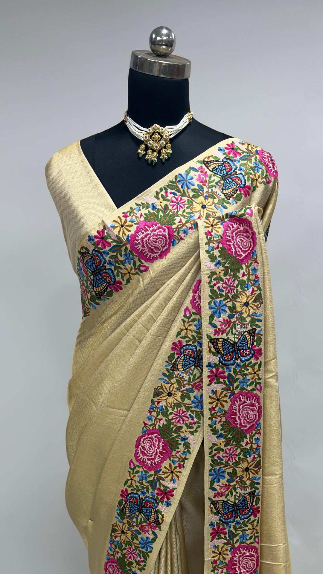 Cream Tissue Kanjivaram Silk Saree with Parsi Gara Embroidery