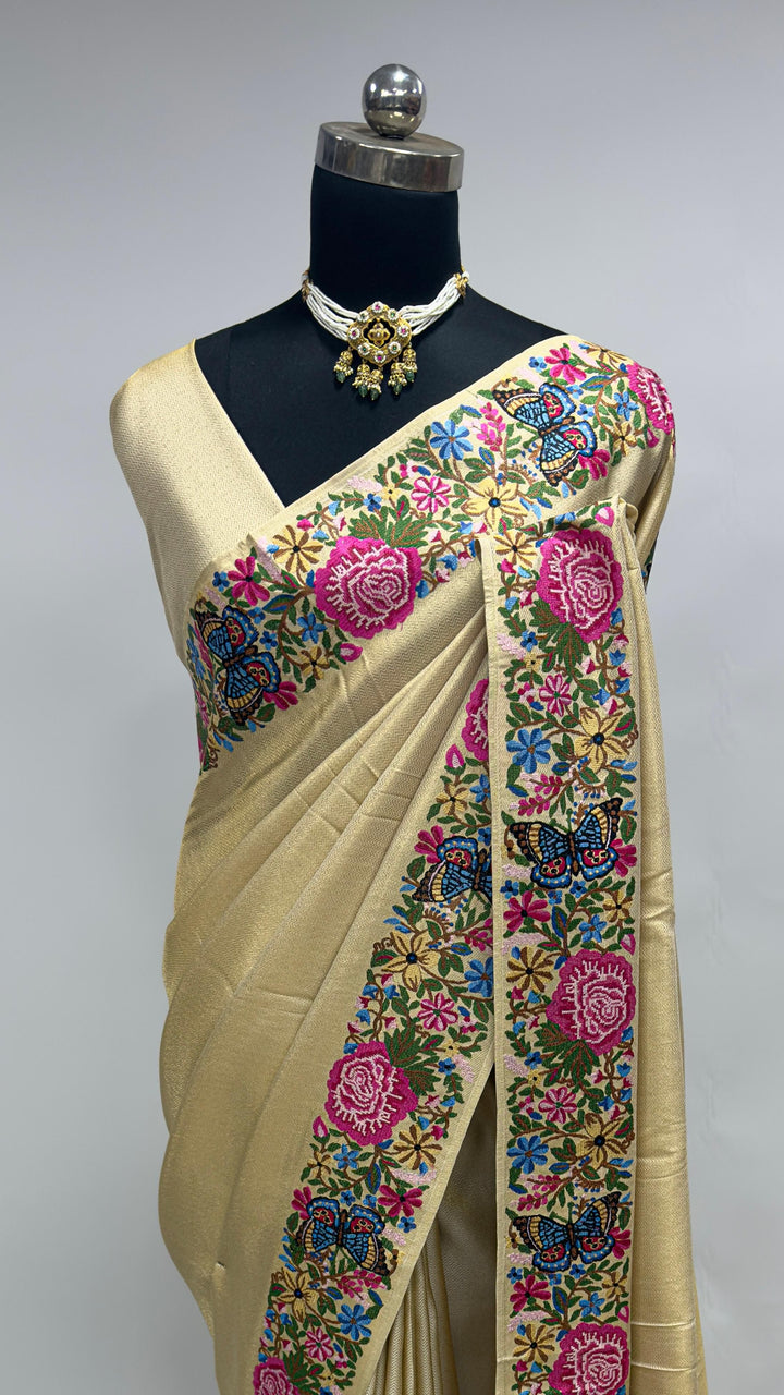 Cream Tissue Kanjivaram Silk Saree with Parsi Gara Embroidery
