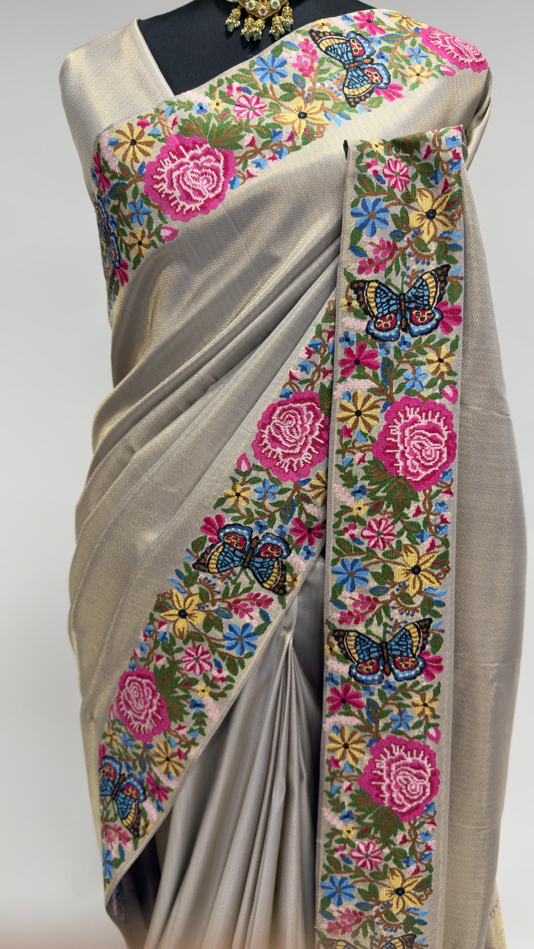 Lavender Grey Tissue Kanjivaram Silk Saree with Parsi Gara Embroidery