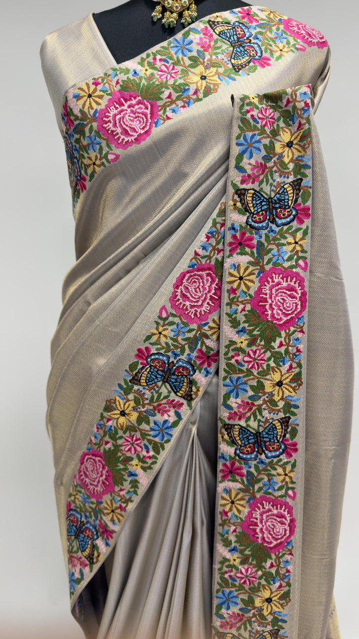 Lavender Grey Tissue Kanjivaram Silk Saree with Parsi Gara Embroidery