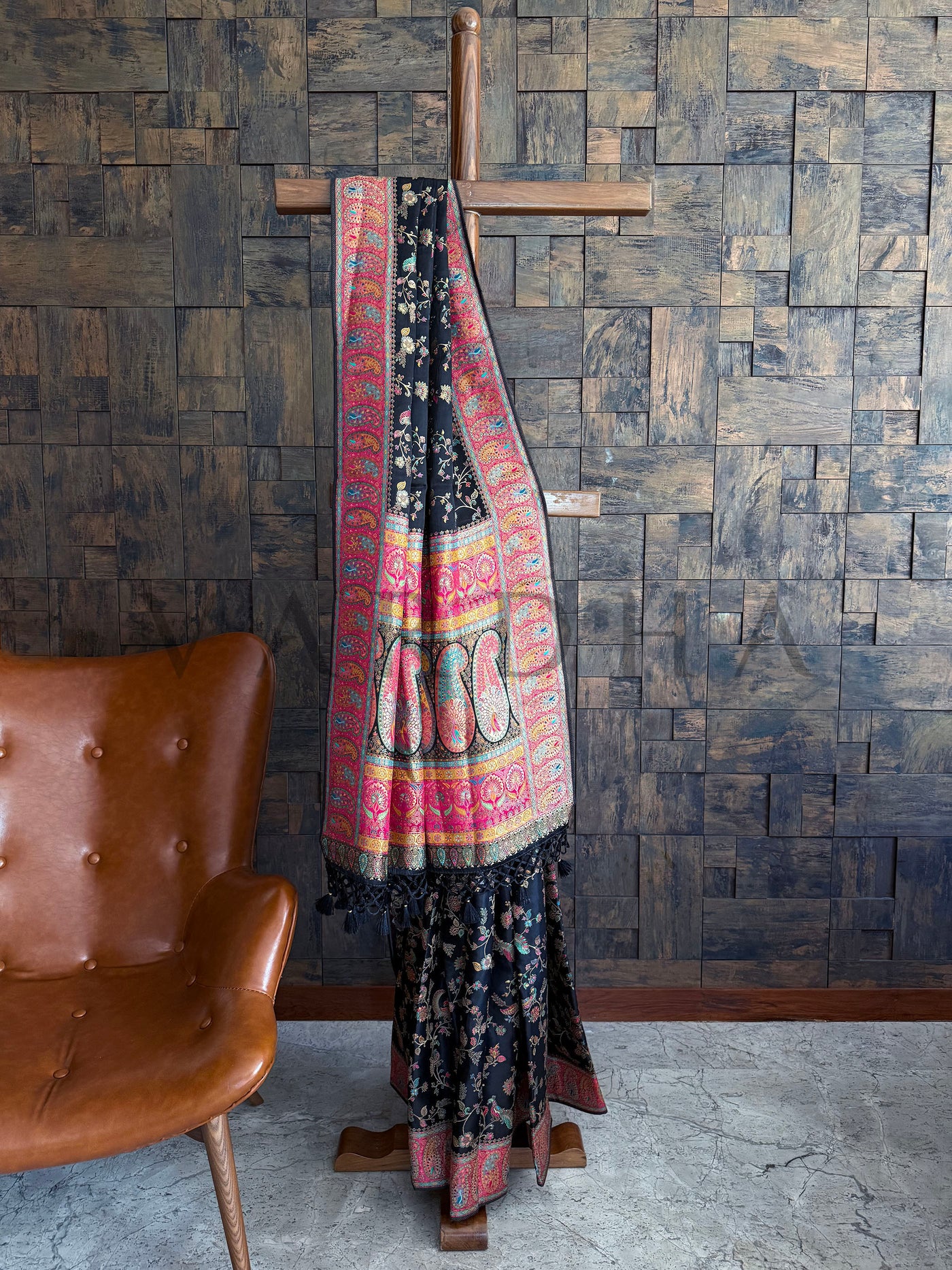 Black Banarasi Silk Saree with Multicolor Resham Embroidery and Tassel Pallu


