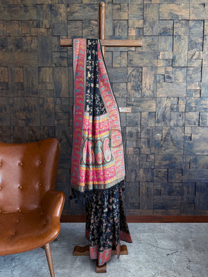 Black Banarasi Silk Saree with Multicolor Resham Embroidery and Tassel Pallu

