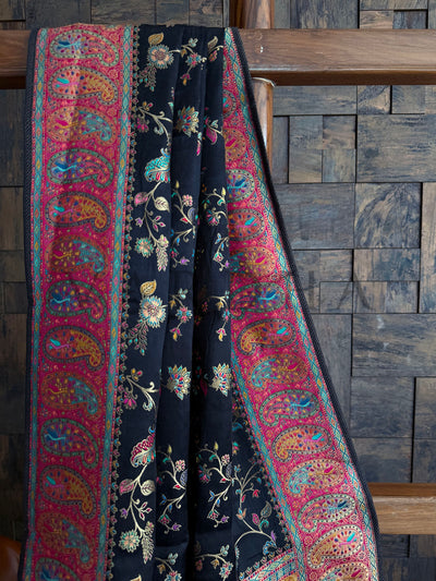 Close-Up of Pink Paisley Woven Border and Black Floral Body on Silk Saree

