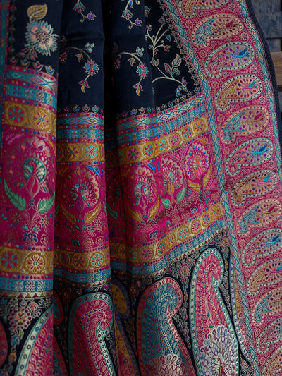Woven Paisley Jaal Border in Pink, Blue, and Gold Thread on Black Silk Base

