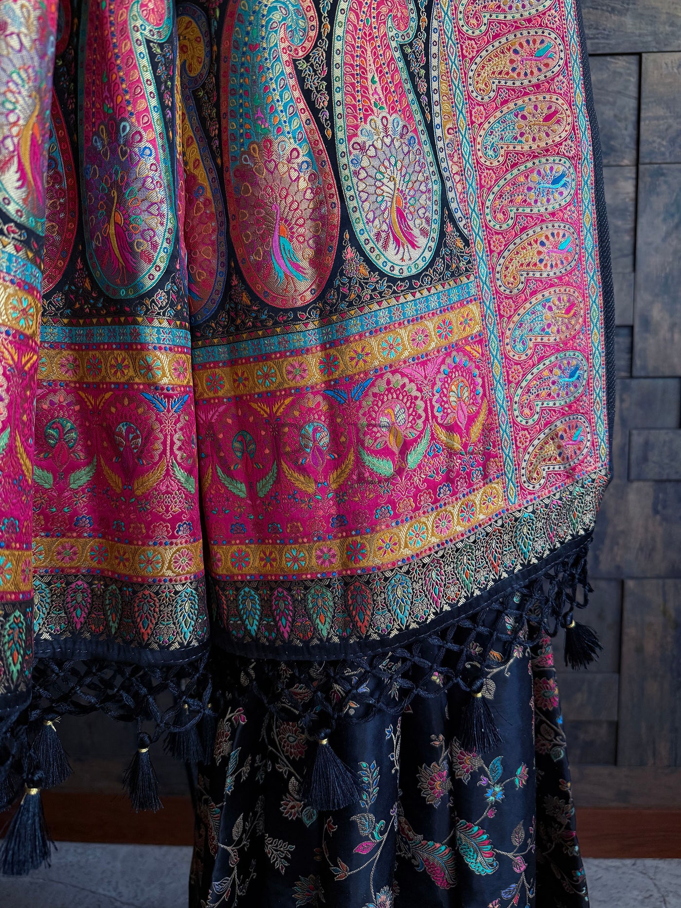 Close Look at Tasselled End of Black Banarasi Saree with Heritage Pallu Detailing

