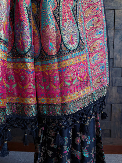 Close Look at Tasselled End of Black Banarasi Saree with Heritage Pallu Detailing

