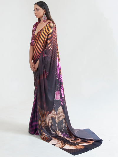 Midnight black and copper Bollywood digital print silk saree featuring stylish luxe festive glam with floral patterns.