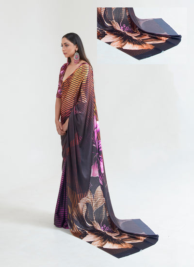 Designer midnight black and copper silk saree with digital floral print, perfect for festive occasions.