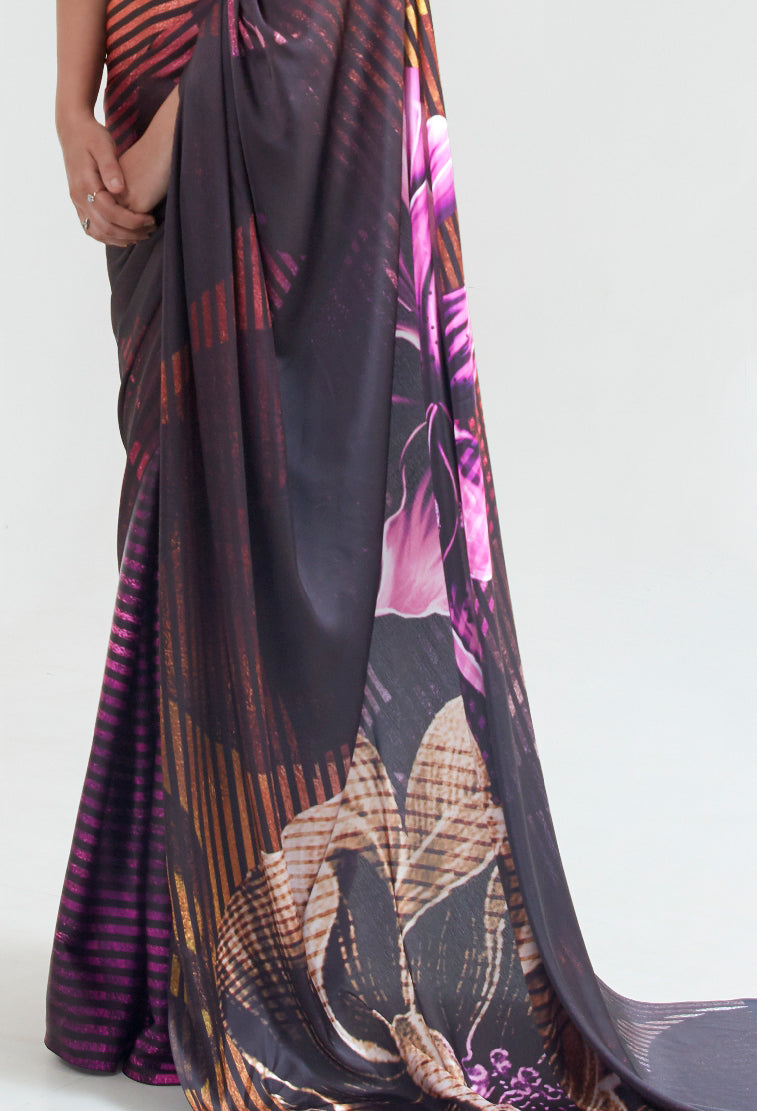 Elegant Bollywood-style silk saree in midnight black and copper, adorned with digital floral designs for a glamorous festive look