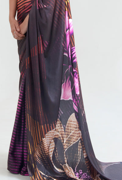 Elegant Bollywood-style silk saree in midnight black and copper, adorned with digital floral designs for a glamorous festive look