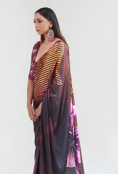 Luxurious midnight black and copper digital print silk saree with Bollywood-inspired floral motifs, ideal for special events