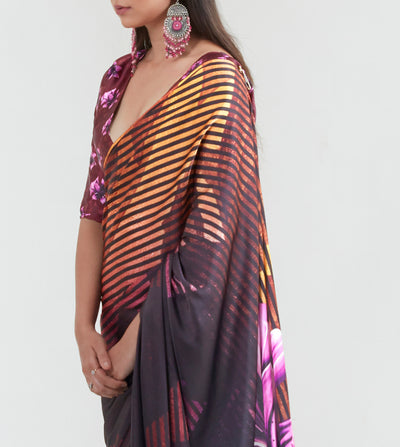 Stylish midnight black and copper silk saree featuring digital floral prints and festive glam, perfect for celebrations.