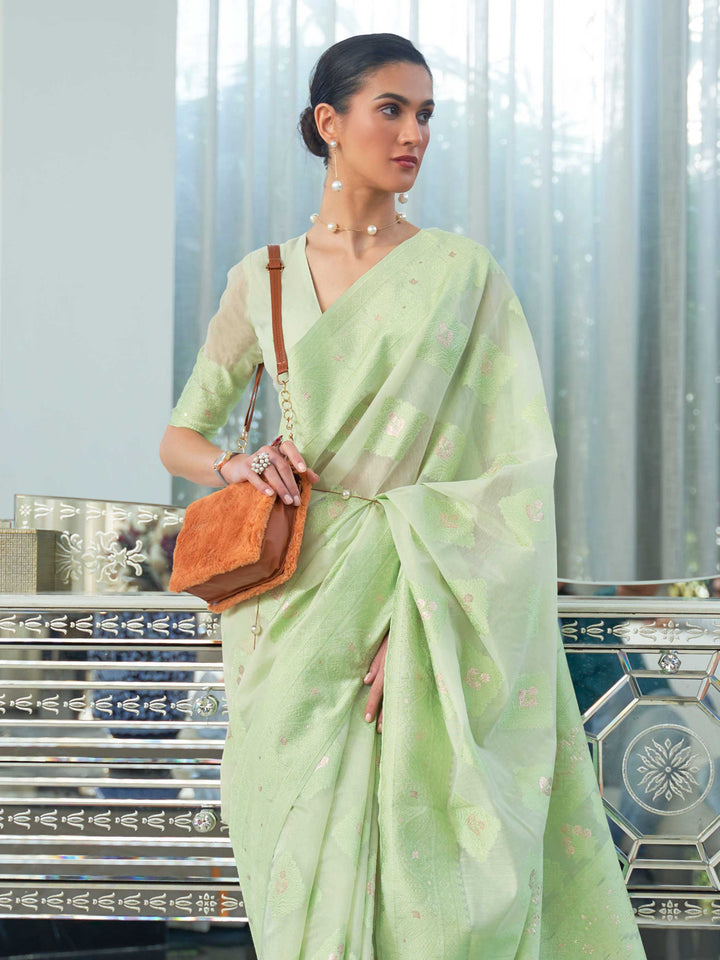 Traditional Mint Green Chikankari Weaving Saree in Soft Silk Fabric, designed for Bridesmaids and Cultural Festivities.

