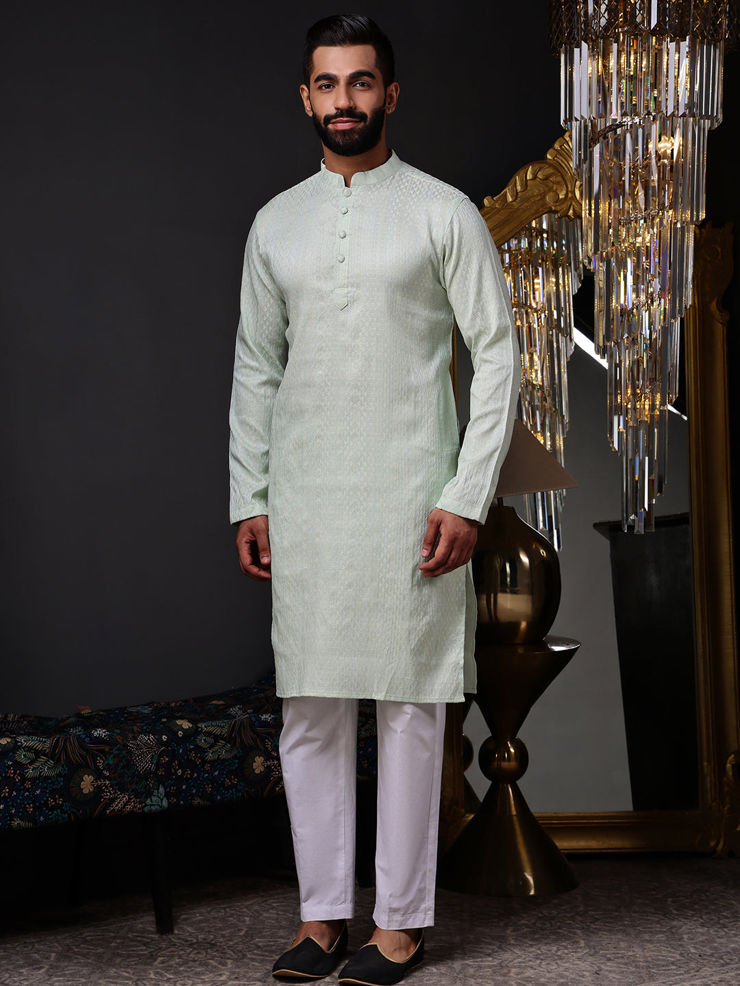Men's mint green kurta in a breathable textured cotton blend with a mandarin collar
