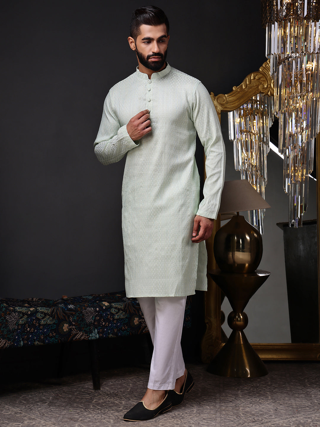 Stylish and lightweight mint green traditional kurta for men, ideal for summer festivities

