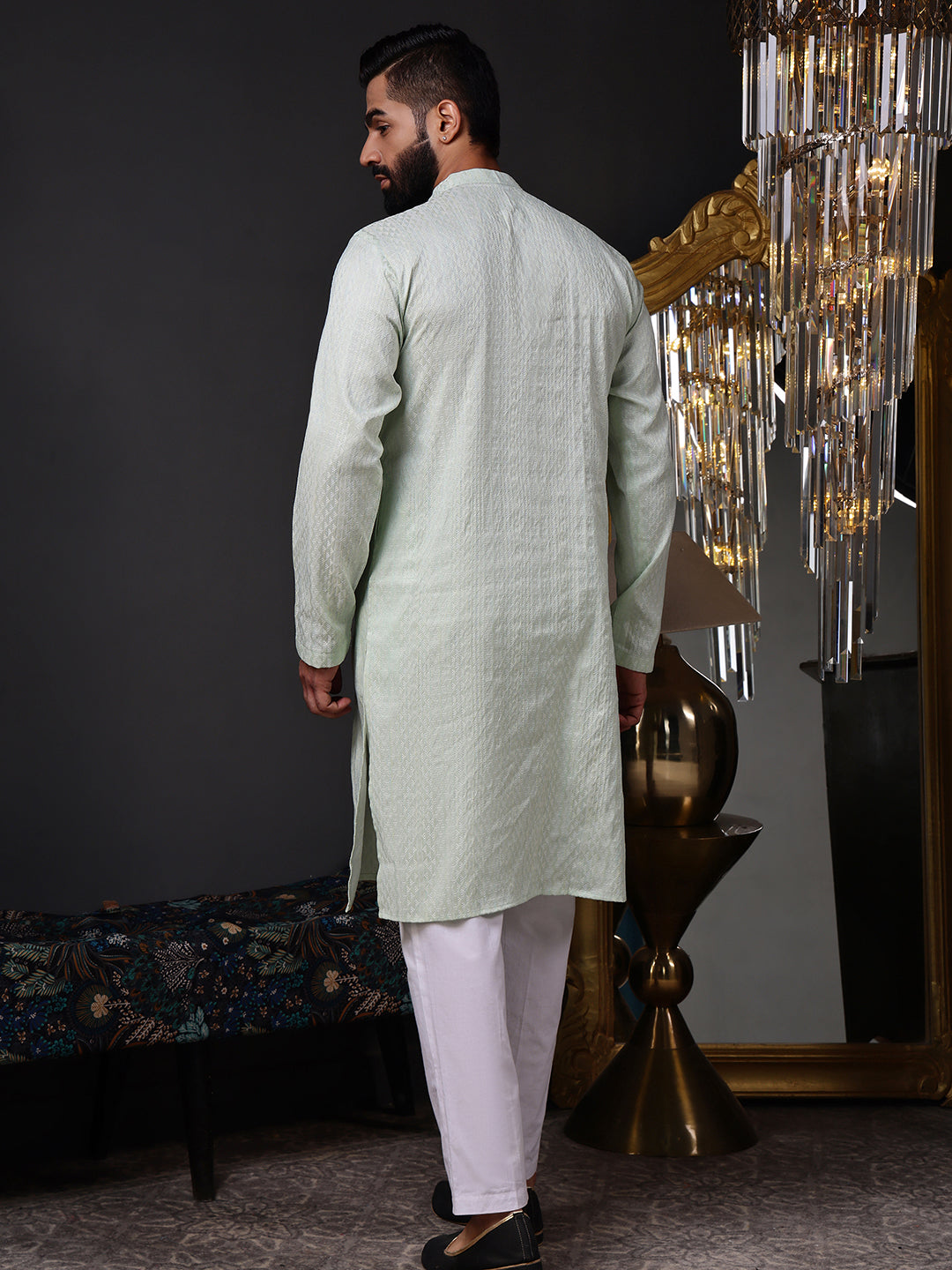 Back view of the mint green cotton blend kurta, showcasing its clean tailoring and structured fit
