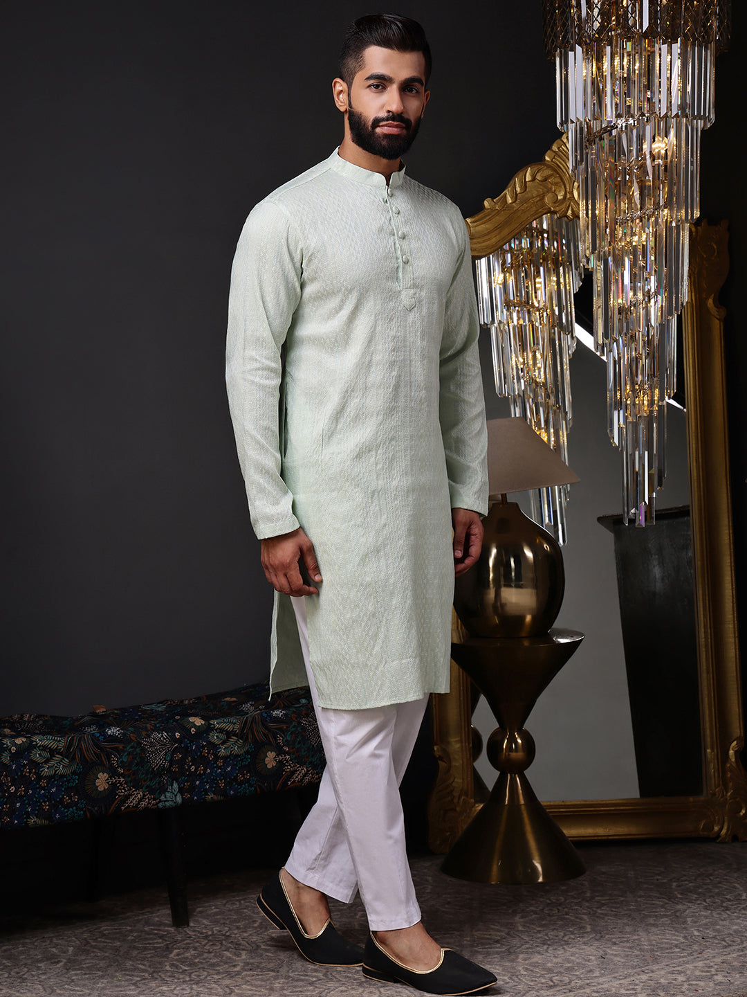 Mint green mandarin collar kurta for men, a versatile piece for both casual and semi-formal occasions
