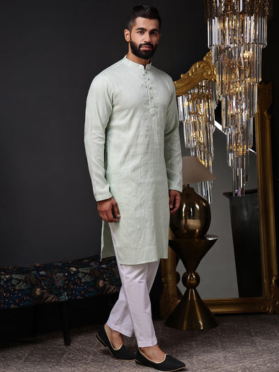 Mint green mandarin collar kurta for men, a versatile piece for both casual and semi-formal occasions

