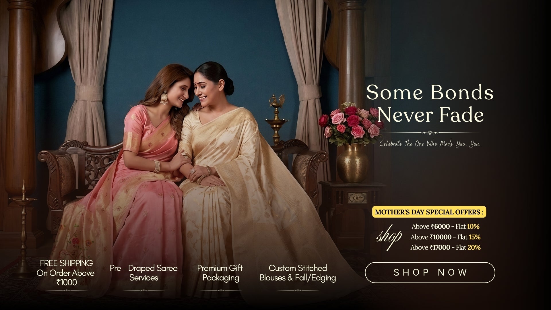 Two women in traditional attire sitting together with promotional text and offers on a dark background.