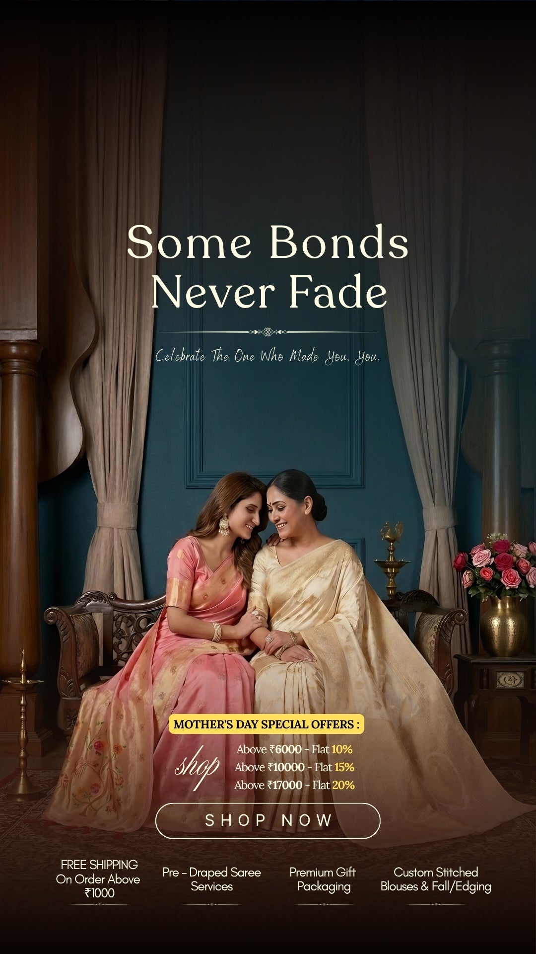 Two women in formal attire sitting together with a decorative background and text overlay.