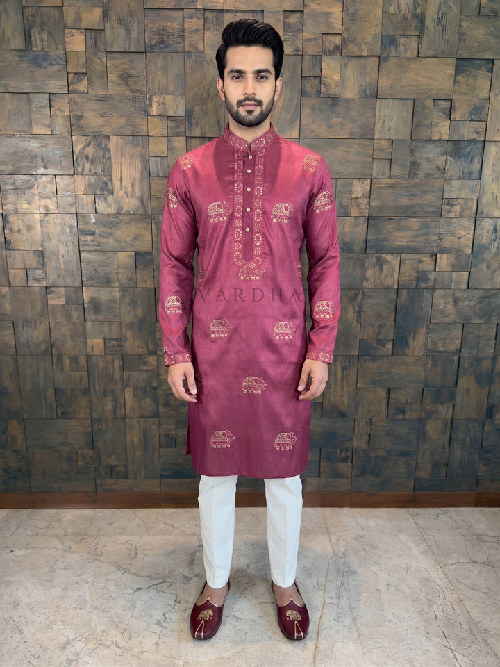  Art Silk with a subtle self-patterned texture, the kurta offers a premium drape and a festive sheen. The standout feature is the traditional Elephant (Gajraj) motifs