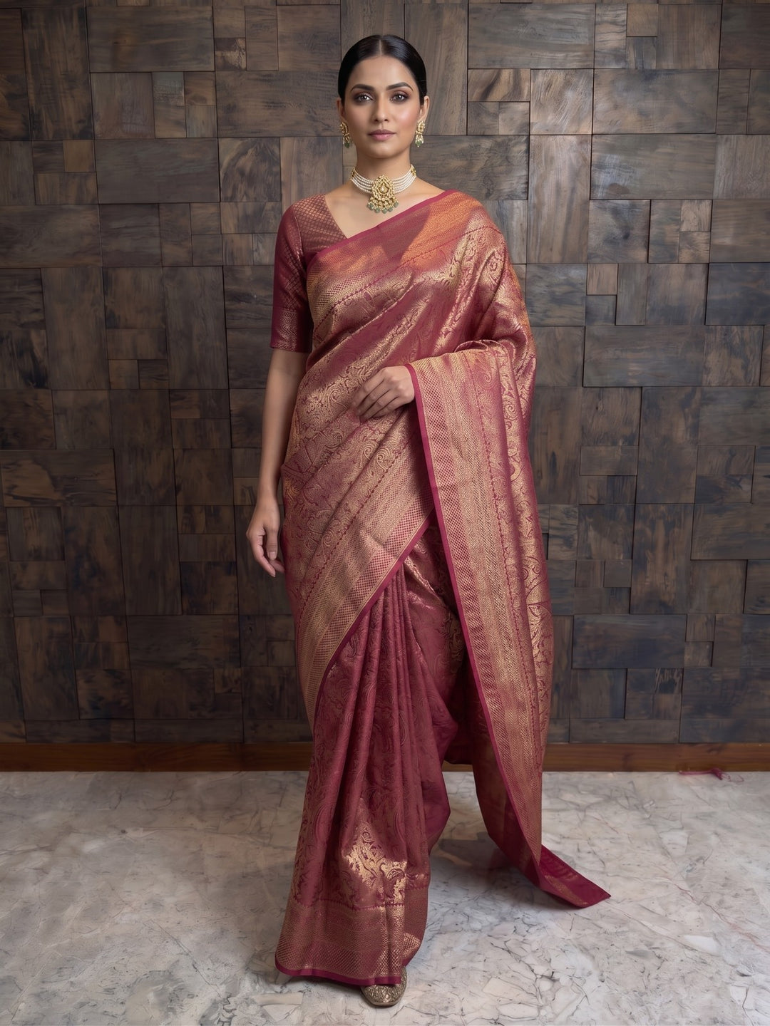 A full-length front view of a woman posing elegantly in a mulberry purple Kanjivaram silk saree. With her hands softly clasped in front of her, the image prominently displays the ornate gold zari detailing on the saree&