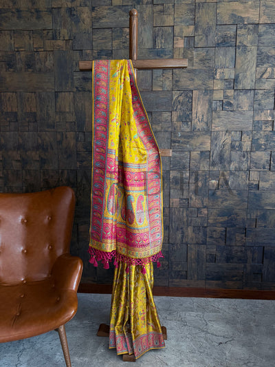 Antique Mustard Banarasi Saree with Embroidered Peacocks and Pink Brocade Pallu

