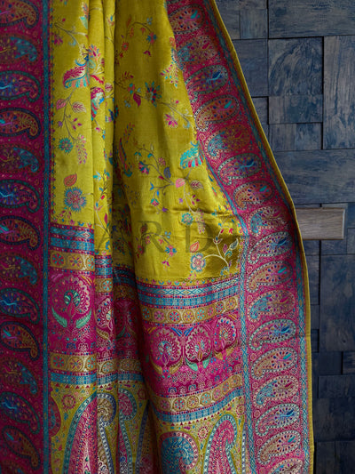 Drape close-up showing detailed resham work on mustard satin silk