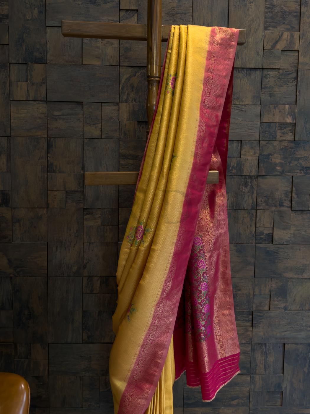 Mustard Kalamkari Saree - Yellow Art Silk Saree - Rani Pink Border Saree - Kalamkari Pallu Saree - Floral Print Saree - Cultural Art Silk Saree - Haldi Function Saree - Soft Silk Look Saree - Day Wedding Saree - Heritage Saree - Ethnic Floral Saree - Zari Border Saree - Digital Print Pallu Saree - Yellow Rani Saree - Pooja Wear Saree - Traditional Kalamkari Design - Gold Saree Border - Temple Wear Saree - Contrast Pallu Saree - Unstitched Blouse Saree
