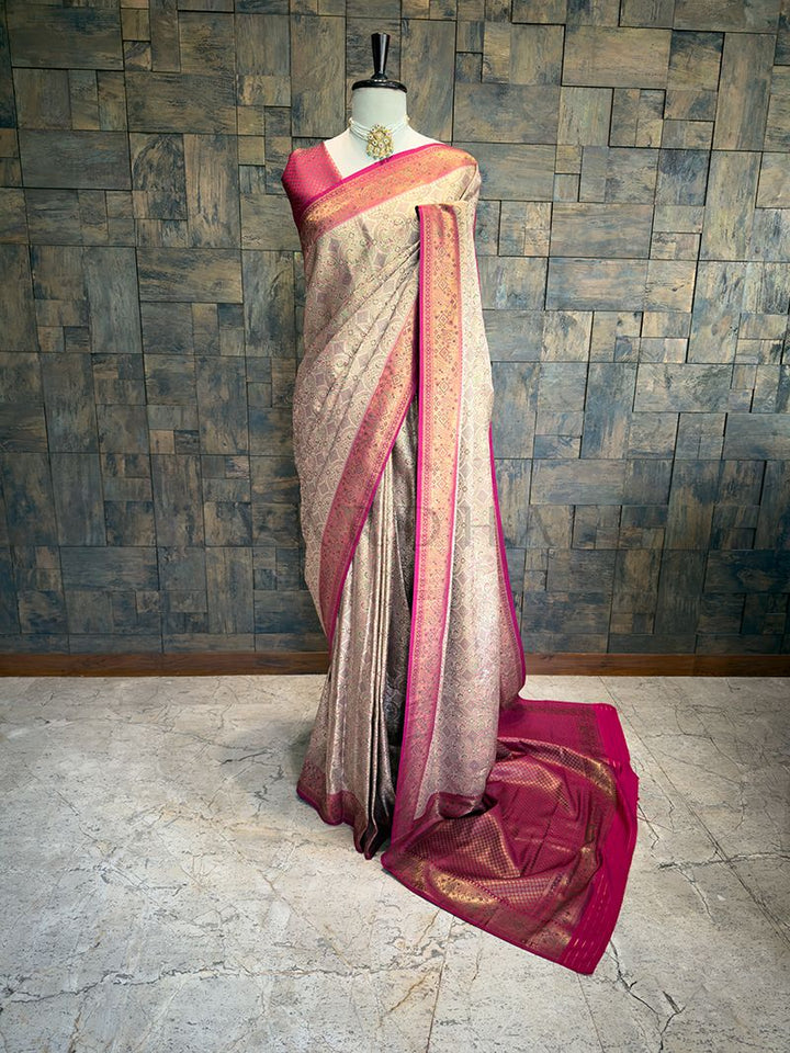 Cream Wine Woven Kalamkari Art Silk Saree with Zari Work