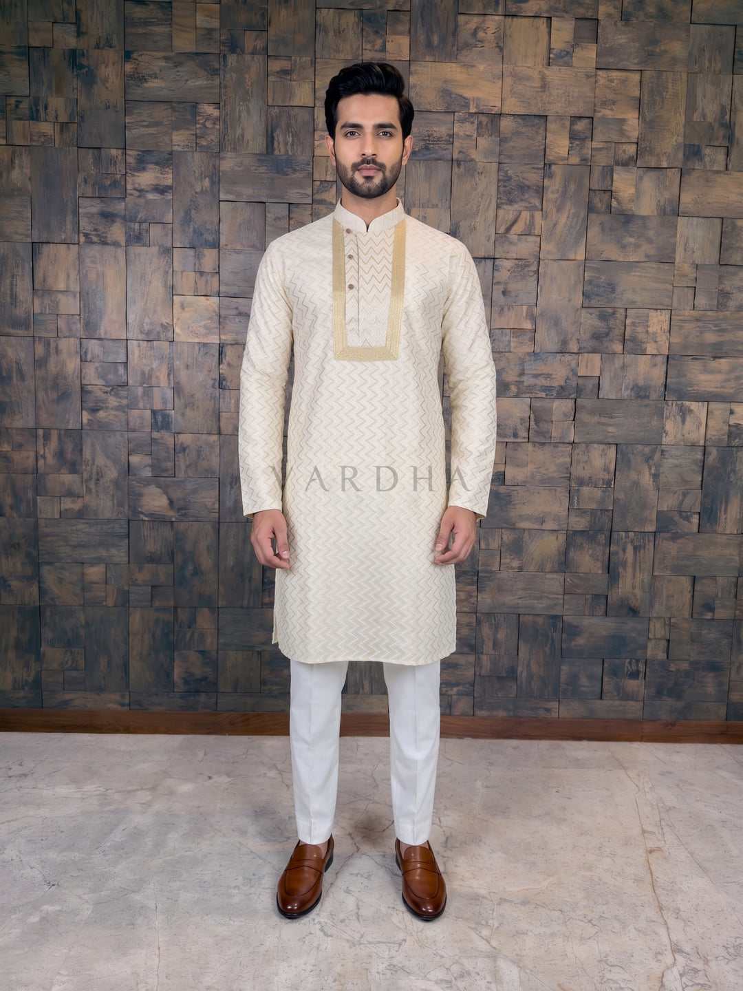Off-White Designer Embroidered Kurta. Masterfully balancing heavy traditional embellishments with modern geometric patterns,