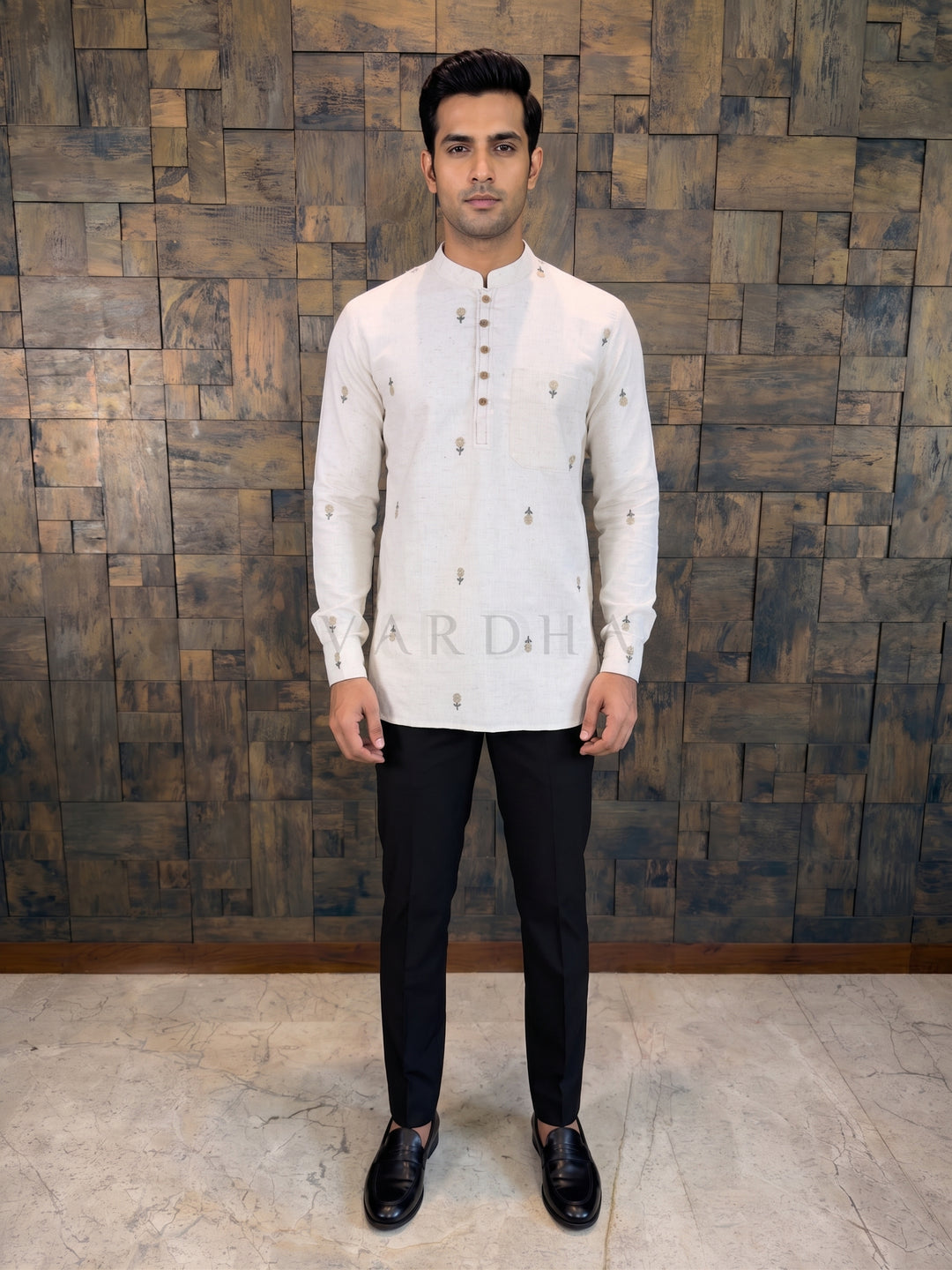 Man wearing Off-White Cotton Short Kurta with Minimalist Floral Embroidery
