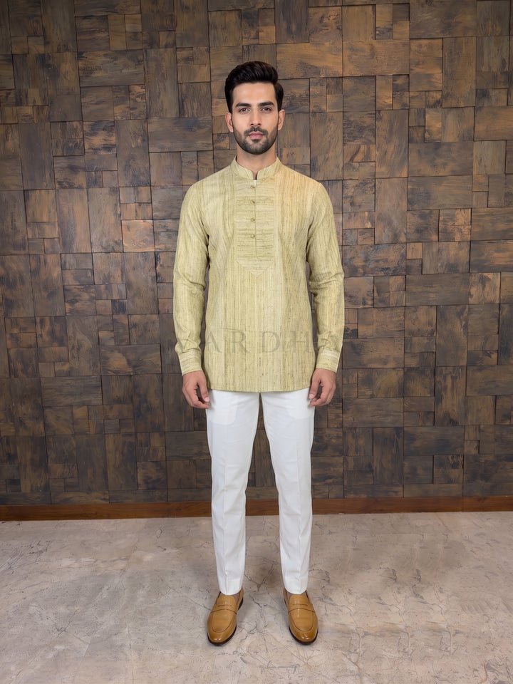 Man wearing Olive Green Textured Cotton Short Kurta with Structured Placket