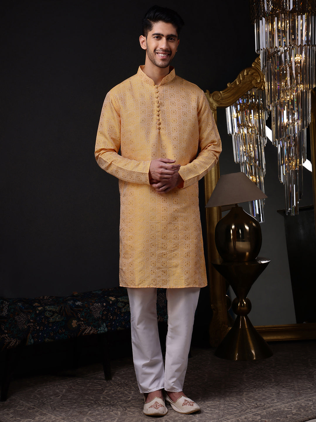 Men's luxurious peach-orange kurta in a rich jacquard silk blend with a geometric weave

