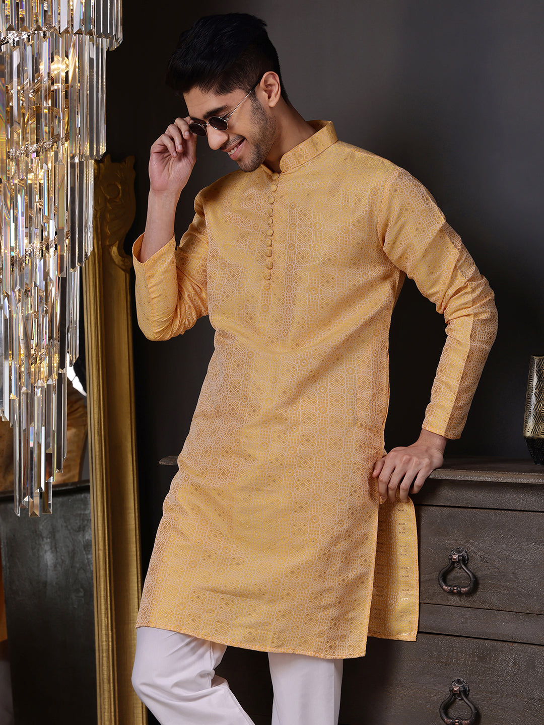 Orange Jacquard Kurta with All-over Geometric Pattern – House of Vardha