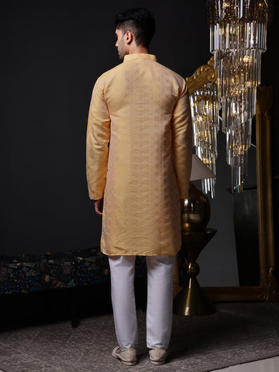 Back view of the jacquard silk blend kurta, displaying the seamless all-over geometric pattern
