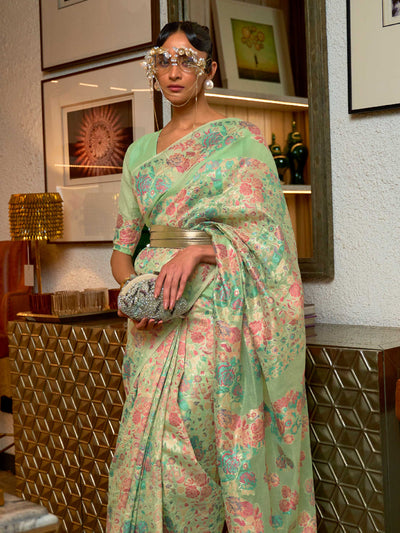 Pastel Green Saree, Kashmiri Modal Saree, Handloom Weaving Saree, Borderless Handloom Saree, Luxury Ethnic Wear, Festive Saree, Designer Kashmiri Weave Saree, Elegant Green Saree, Traditional Saree, Ethnic Fashion