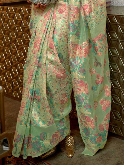 Shop the Pastel Green Kashmiri Modal Handloom Borderless Saree at House of Vardha. Featuring exquisite Kashmiri handloom weaving and a seamless borderless design, this saree is perfect for elegant, festive, and formal occasions.