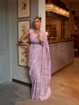 Pastel Pink Kashmiri Modal Silk Saree featuring Intricate Floral Weaving and Handloom Craftsmanship, offering a Luxurious Drape—perfect for Festive Occasions and Elegant Gatherings.

