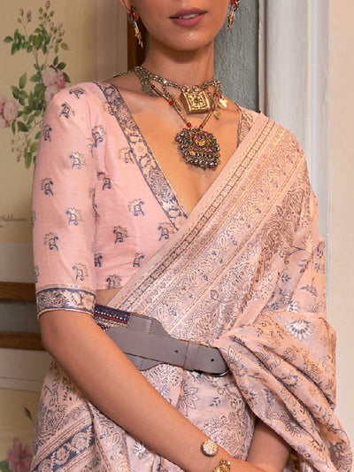 Handcrafted Peach Kashmiri Silk Saree with Floral Motifs and Fine Handloom Weaving, ideal for those seeking Authentic Ethnic Wear with a Contemporary Touch.

