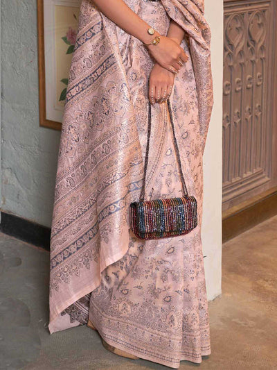 Traditional Peach Kashmiri Handloom Silk Saree adorned with Exquisite Floral Designs, offering a Graceful Drape and Sophisticated Appeal for Festive Occasions.


