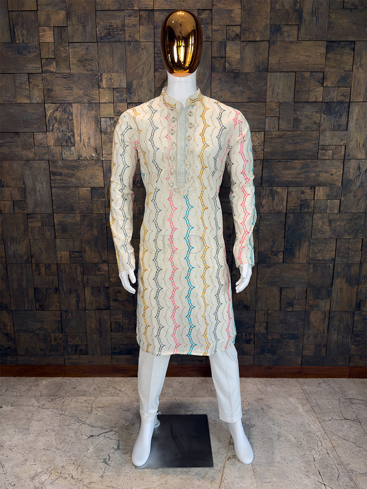 White Pure Cotton Kurta with Multi-Color Zig-Zag Sequin Embroidery
