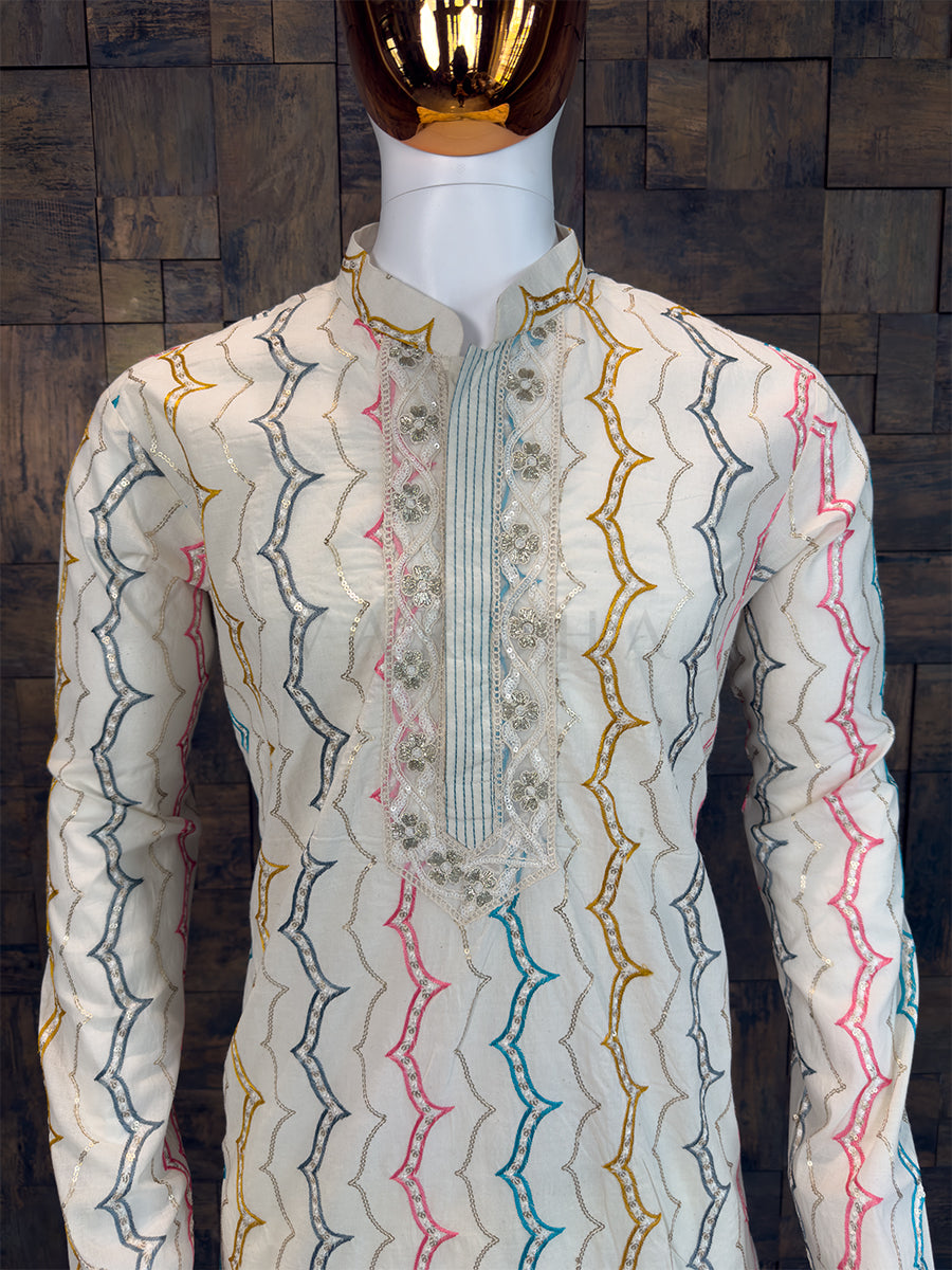 White Pure Cotton Kurta with Multi-Color Zig-Zag Sequin Embroidery