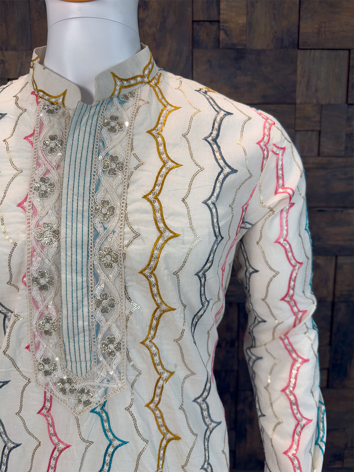 White Pure Cotton Kurta with Multi-Color Zig-Zag Sequin Embroidery