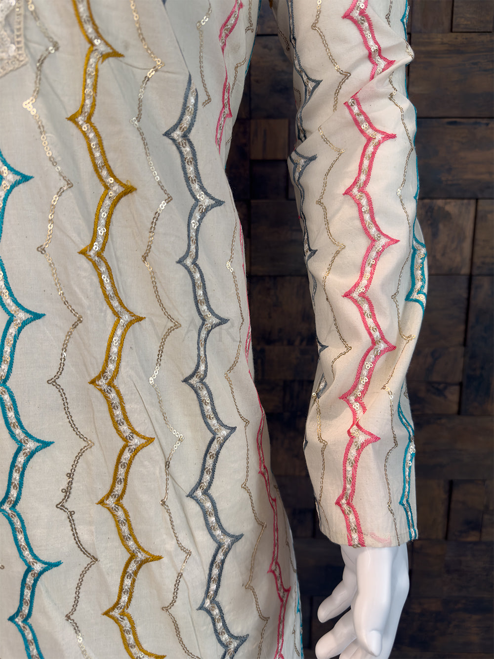 White Pure Cotton Kurta with Multi-Color Zig-Zag Sequin Embroidery